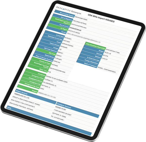 descartes datamyne software displaying bill of lading