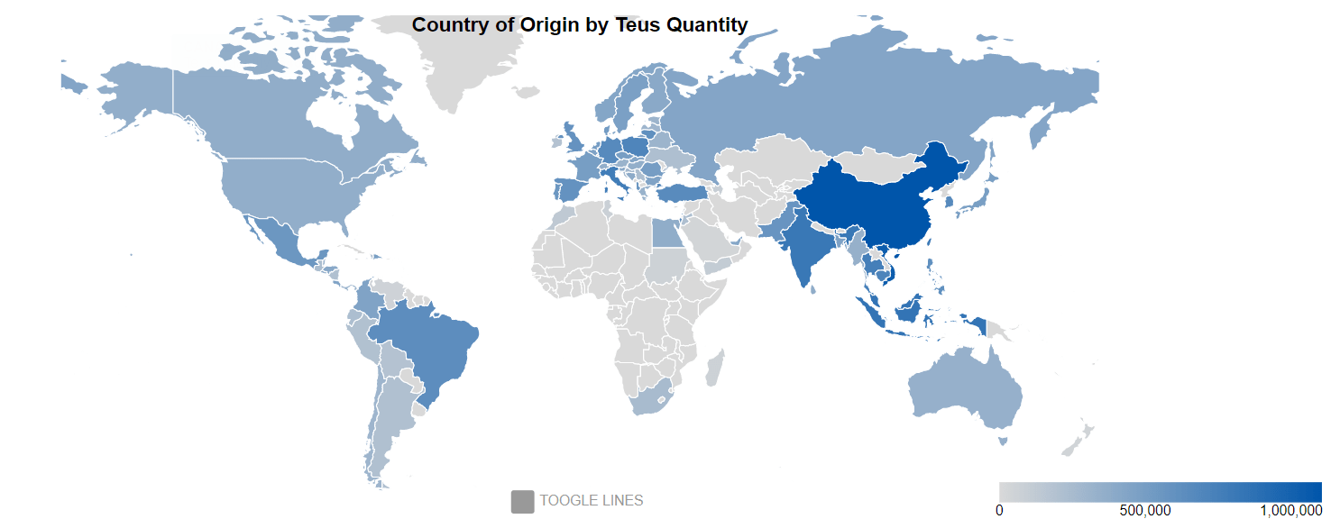 quantidade TEU por país de origem no mapa global