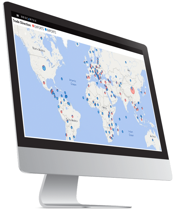 descartes datamyne software mostrando um mapa de dados do comércio internacional